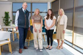 Millie Herron and Lauren Coxon with David Gray, Chairman of Trustees of The Sir Tom Cowie Charitable Trust, and Professor Lynne McKenna MBE, Dean of the Faculty of Education and Society.