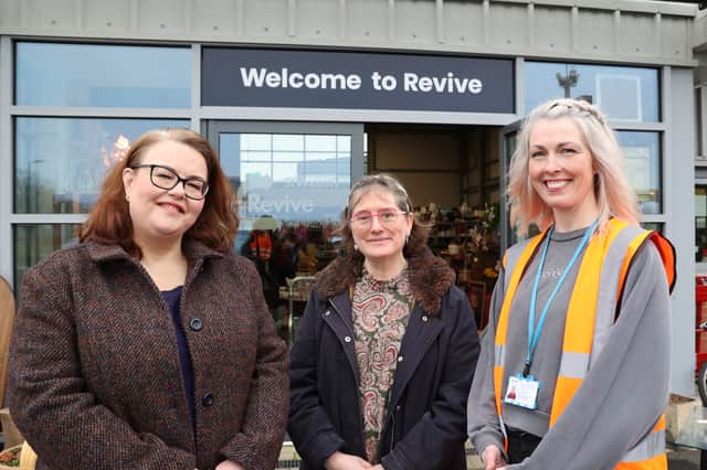 (from left) Coun Claire Rowntree, Deputy Leader and Cabinet Member for Clean Green City at Sunderland City Council; Elizabeth Palmer, Chief Executive of the St Vincent de Paul Society and shop manager Donna Scott