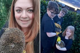 Claire Foster (left) and local children helping out at the hedgehog hospital.