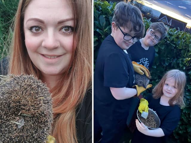 Claire Foster (left) and local children helping out at the hedgehog hospital.