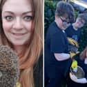 Claire Foster (left) and local children helping out at the hedgehog hospital.