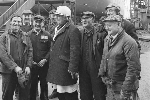 Workers pictured with Austin and Pickersgill's last ship, the Australind, waiting to down the ways in 1978.
