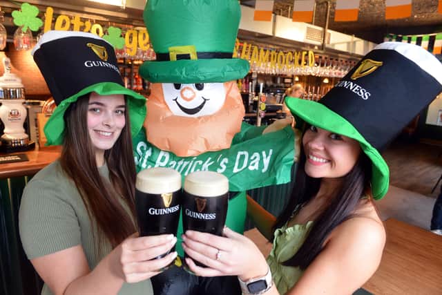 Saint Patrick's Day celebrations at These Things Happen, Roker, with staff members Erin Green and Abbie Jobling. 