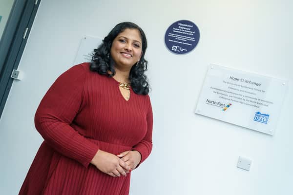 Vijayalakshmi Subramani at the unveiling of her plaque at the University of Sunderland.