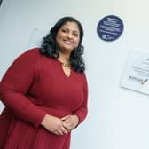 Vijayalakshmi Subramani at the unveiling of her plaque at the University of Sunderland.