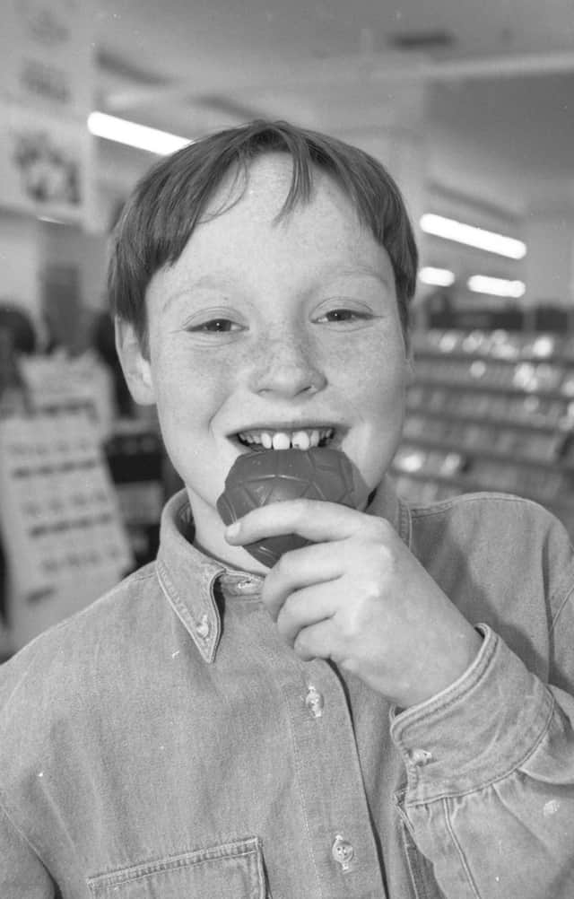 Tucking in to an Easter egg at Woolworths in Sunderland in 1995.
