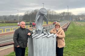  Councillors Ernest Gibson and Tracey Dixon with the new Dolphin bin at Whitburn.