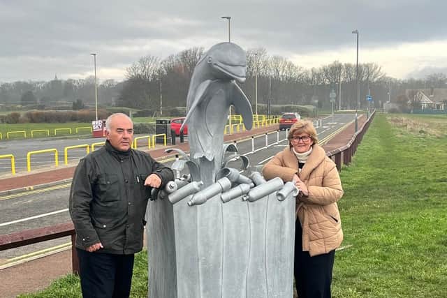  Councillors Ernest Gibson and Tracey Dixon with the new Dolphin bin at Whitburn.