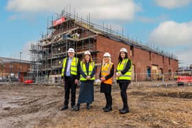 (L-R): Brendan Tapping (Chief Executive, Bishop Chadwick Education Trust); Ellen Thinnesen (Chief Executive, Education Partnership North East and Sunderland College); Louise Bassett (Chief Executive Officer, Gentoo); and Toni Rhodes (Deputy Chief Executive, Education Partnership North East) at the Housing Innovation and Construction Skills Academy site in Sunderland.