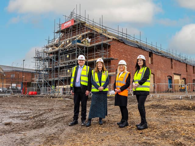 (L-R): Brendan Tapping (Chief Executive, Bishop Chadwick Education Trust); Ellen Thinnesen (Chief Executive, Education Partnership North East and Sunderland College); Louise Bassett (Chief Executive Officer, Gentoo); and Toni Rhodes (Deputy Chief Executive, Education Partnership North East) at the Housing Innovation and Construction Skills Academy site in Sunderland.
