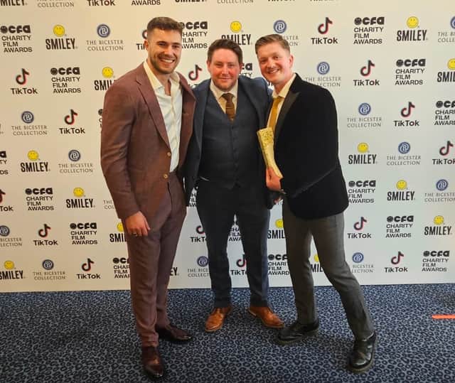 John pictured with one of the hosts, Curtis Pritchard from Love Island, and John's friend Jonny Coyne