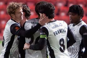 Gateshead celebrate during their 7-1 home win against Hartlepool United (photo Charlie Waugh)