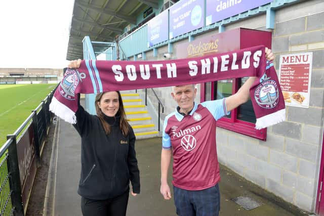 South Shields FC operation manager Carl Mowatt with Dicksons Elena Dickson at the grounds new kiosk. Submitted picture.