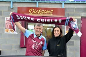 South Shields FC operation manager Carl Mowatt with Dicksons Elena Dickson at the grounds new kiosk. Submitted picture.