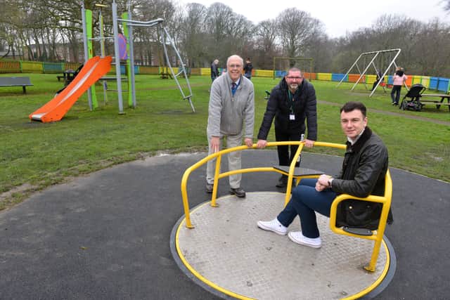 New playground equipment and improvements at Backhouse Park with Cllr Michael Dixon, east ranger Daniel Krzyszczak and Cllr Lyall Reed.