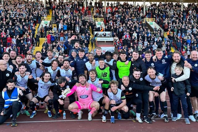 Gateshead celebrate reaching the FA Trophy Final after their 2-1 win against Macclesfield 