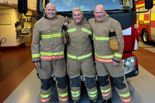  Firefighter Phil Davison, Crew Manager Simon Davison, and Watch Manager Becky Brown. Submitted picture