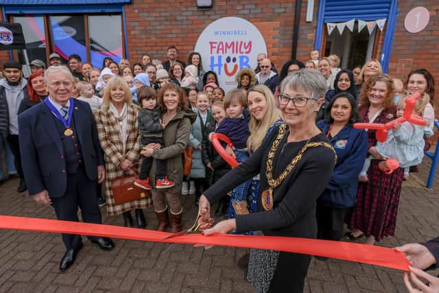 Mayor Cllr Dorothy Trueman and Consort Cllr Harry Trueman officially open the Winnibell Family Hub, and were joined by parents, residents and pupils of Hudson Road Primary School, and the family of Winnie Davies. Submitted picture.