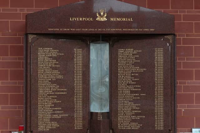 The Hillsborough Memorial outside Anfield stadium, Liverpool.