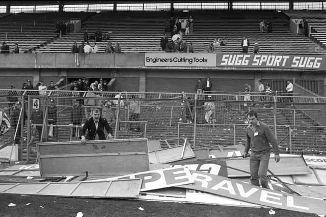 Advertising boards which were used as stretchers at the 1989 FA Cup semi-final at Hillsborough. Photo: PA/PA Wire