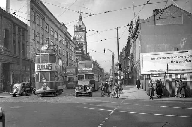 Sunderland's trams and their familiar Binns adverts.