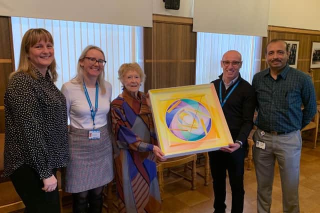 Barbara Hume and Mr Maged Habib alongside Sunderland Eye Infirmary's Carol Jobling, Deputy Directorate Manager; Fiona McKinley, Directorate Manager; and Consultant Ajay Kotagiri, Clinical Lead