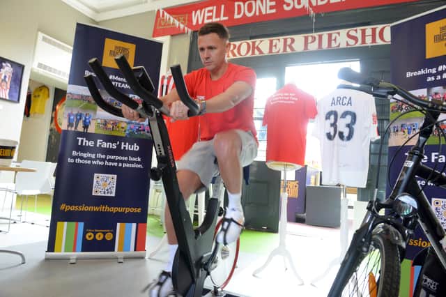 The fundraising bike ride at the Fans Hub gets under way. Just the 24 hours to go.