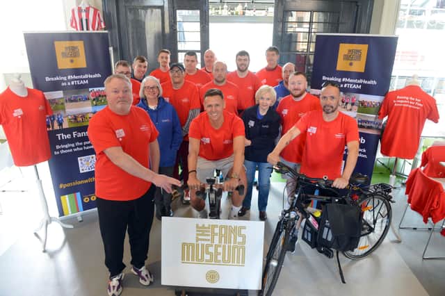 The start of the ride with the museum's founder Michael Ganley, Sky Sports presenter Tom White and Enrico Milani at the front of the photo.