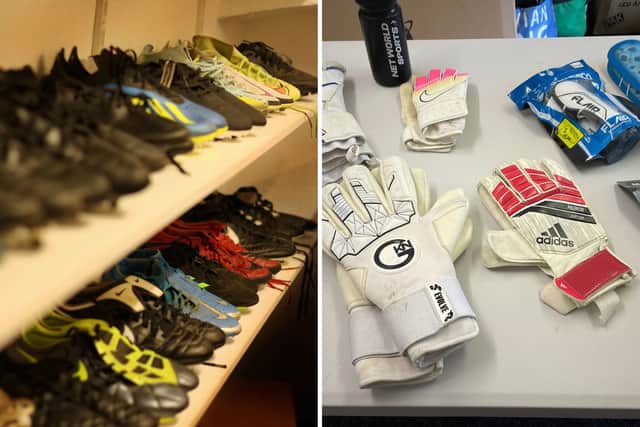 Some of the football boots and kit which have been donated to the charity.