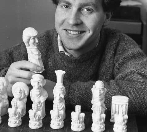 Bill Spalding and his Royal chess set which he created in 1986.