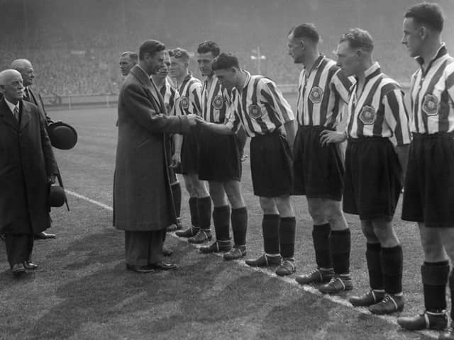 The big moment in the pre match preliminaries as Raich Carter presents his players to King George VI. 