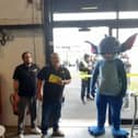Owners Lee Taylor and Dean Kelly alongside Stitch at the opening of Washington's Bargain Clearance Centre.