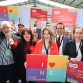 Labour candidate Kim McGuinness (centre, in red) celebrates with supporters after winning the North East Mayor election at the Silksworth Tennis Centre in Sunderland this afternoon. Picture c/o North News.