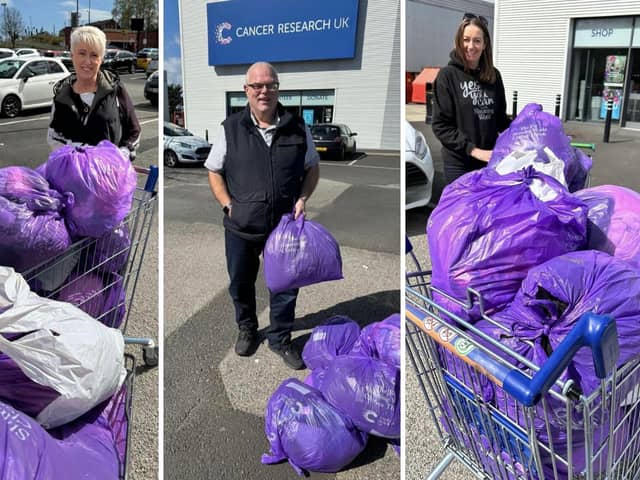 Sunderland slimmers Paula Whiting (left), Alan Cooper, and Jane Hodgson donating some of the clothes they no longer need.