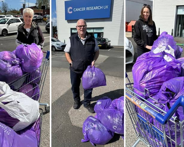 Sunderland slimmers Paula Whiting (left), Alan Cooper, and Jane Hodgson donating some of the clothes they no longer need.