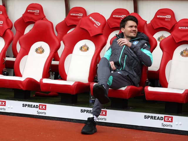 Danny Rohl, Manager of Sheffield Wednesday, looks on as he sits on the bench prior to  the Sky Bet Championship match between Sunderland and Sheffield Wednesday at Stadium of Light on May 04, 2024 in Sunderland, England. (Photo by Nigel Roddis/Getty Images)