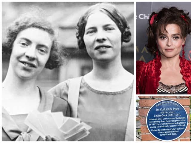 The Cook sisters documentary is presented by Helena Bonham Carter (Getty Images) . Bottom right is their blue plaque near The Chesters.