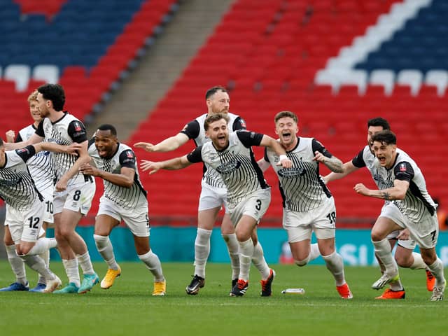 Gateshead celebrate victory in the Isuzu FA Trophy Final at Wembley Stadium