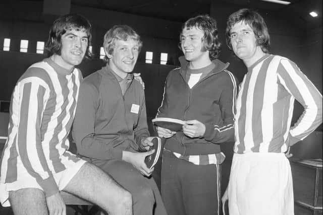 Johnny Vincent (second left) after beating Brian Chambers (right) in the final of The Echo Table Tennis Trophy. Billy Hughes (left) was beaten by Dennis Tueart (second right) in the play off for third and fourth place.
