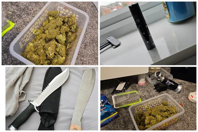Items recovered in a raid this morning including knives, a suspected tazer and suspected cannabis