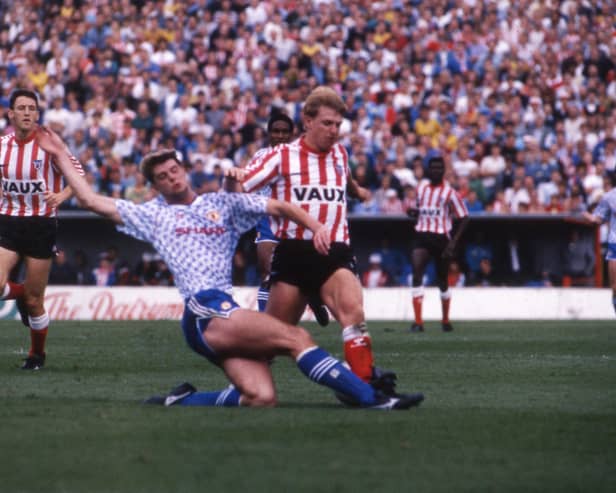 Marco Gabbiadini takes on Gary Pallister during Sunderland's win over Manchester United in 1990. Picture by Gilbert Johnson.