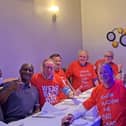 Gary Bennett and Nick Barnes enjoy Nick's night out in the company of James Hunter, ex-Newcastle Chronicle, Rob Mason, SAFC club historian, ex-BBC Look North Mark Tulip and Jeff Brown, BBC Radio Newcastle's Simon Pryde and former Sunderland Echo chief sports writer, Graeme Anderson,  flanked by Shoyjhad on the left and Shafiqul.