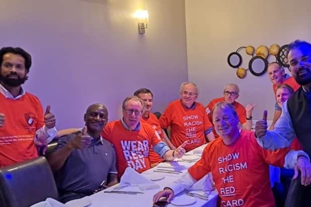 Gary Bennett and Nick Barnes enjoy Nick's night out in the company of James Hunter, ex-Newcastle Chronicle, Rob Mason, SAFC club historian, ex-BBC Look North Mark Tulip and Jeff Brown, BBC Radio Newcastle's Simon Pryde and former Sunderland Echo chief sports writer, Graeme Anderson, flanked by Shoyjhad on the left and Shafiqul.