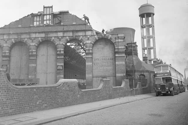 Hylton Tram Depot being converted for the accommodation of buses in May 1954.