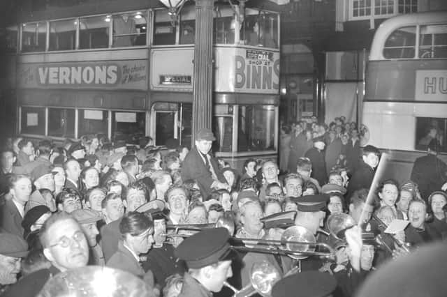 Last tram to Seaburn - going past the Town Hall in Fawcett Street, in October 1954.