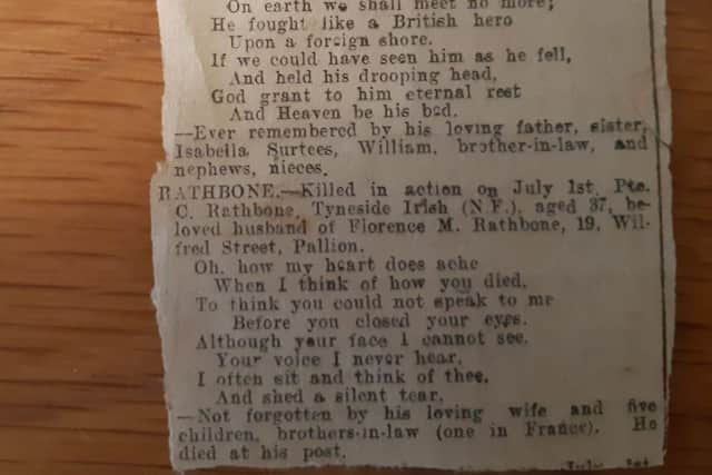 A tribute to Charles from his wife Florence, printed in the Sunderland Echo after he was killed in the Battle of the Somme.