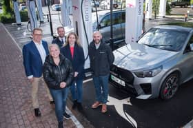 Marking the opening of the largest high-power EV charging facility in the North of England are (from left) Richard Phillips, Adderstone; Cllr Lindsey Leonard, Sunderland Council Portfolio Holder for Environment, Transport & Net Zero; Ben Wilkinson, Local Business Development Manager, BMW; Kate Grant, Adderstone; and Grant Murray, Rollout Manager, IONITY.