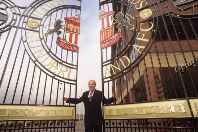 Sir Bob Murray pictured next to the Murray Gates as they were unveiled at the Stadium of Light in April 1999.