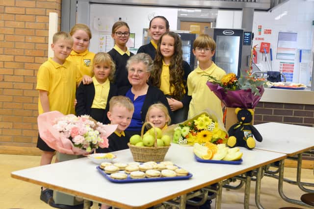 Lunchtime supervisor Maureen Lumsdon with some of the children at Fatfield Academy.
