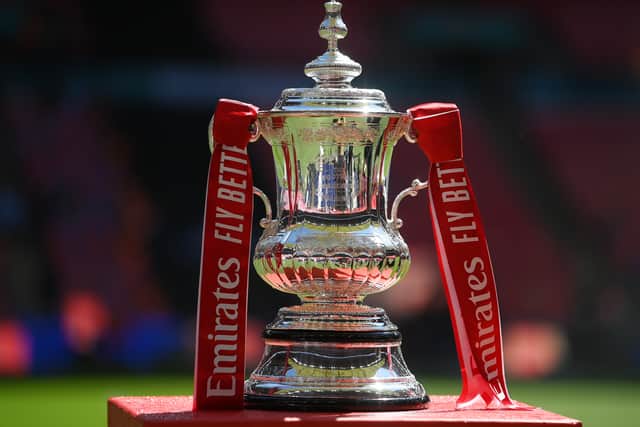 General view of the Emirates FA Cup trophy prior to the Emirates FA Cup Final match between Crystal Palace and Manchester City at Wembley Stadium on May 17, 2025 in London, England.